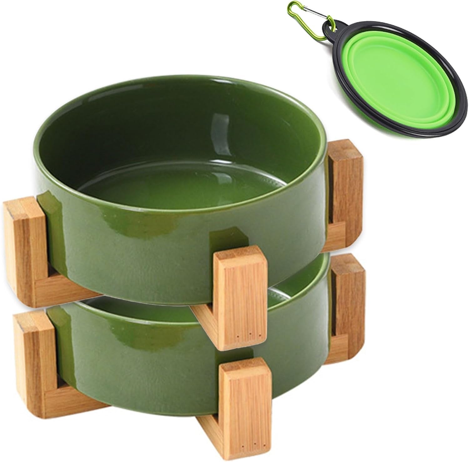 Ceramic Dog Bowl Set & Stand, Medium, Anti-Slip - Rust Green