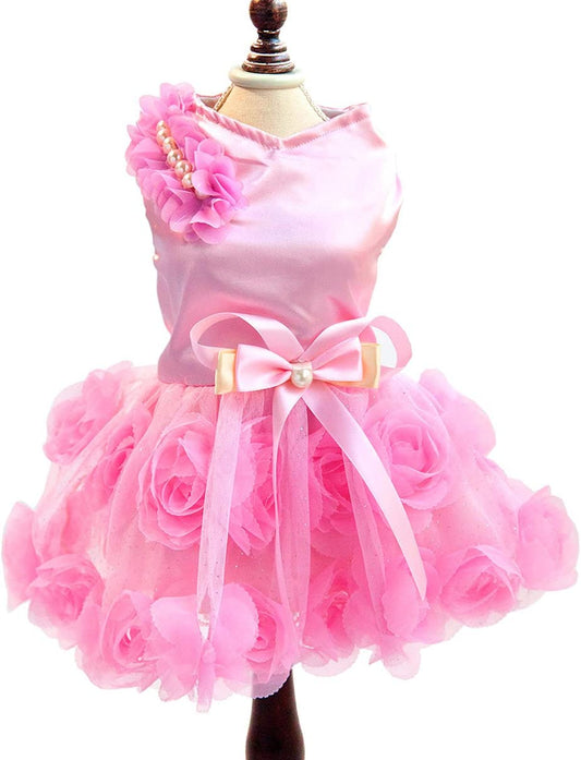 Pet Small Dog Wedding Dress with Bowknot Birthday Party Costume Satin Rose Pearls Girl Formal Dress Cat Tutu Pink, Small | Satin Fabric, Pearl and Rose Detail, Weddings, Birthdays, Chihuahua, Yorkie, Cat, Small Breed, Formal Tutu Party Dress