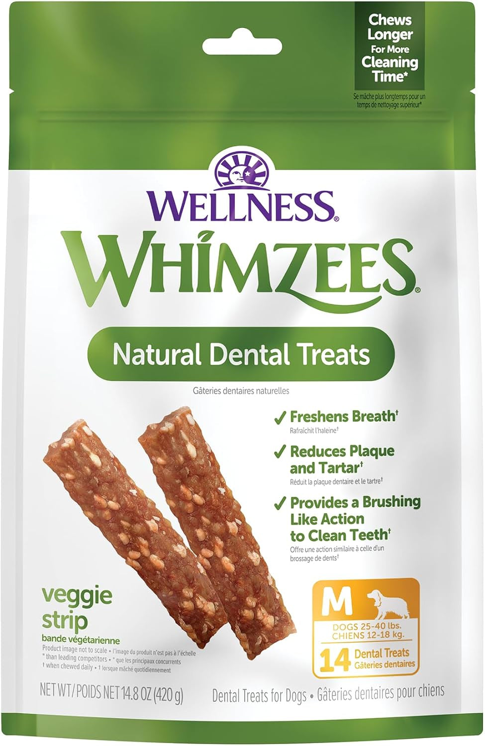Wellness Veggie Strip Natural Dog Dental Treat, Chews, Freshens Breath, Medium Size, 14.81 Oz Bag, 14 Count