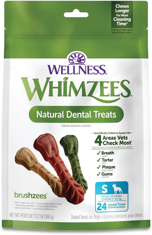 Wellness Brushzees Natural Dog Dental Treat, VOHC Accepted Chews, Freshens Breath, Small Size, 12.7 Oz Bag, 24 Count