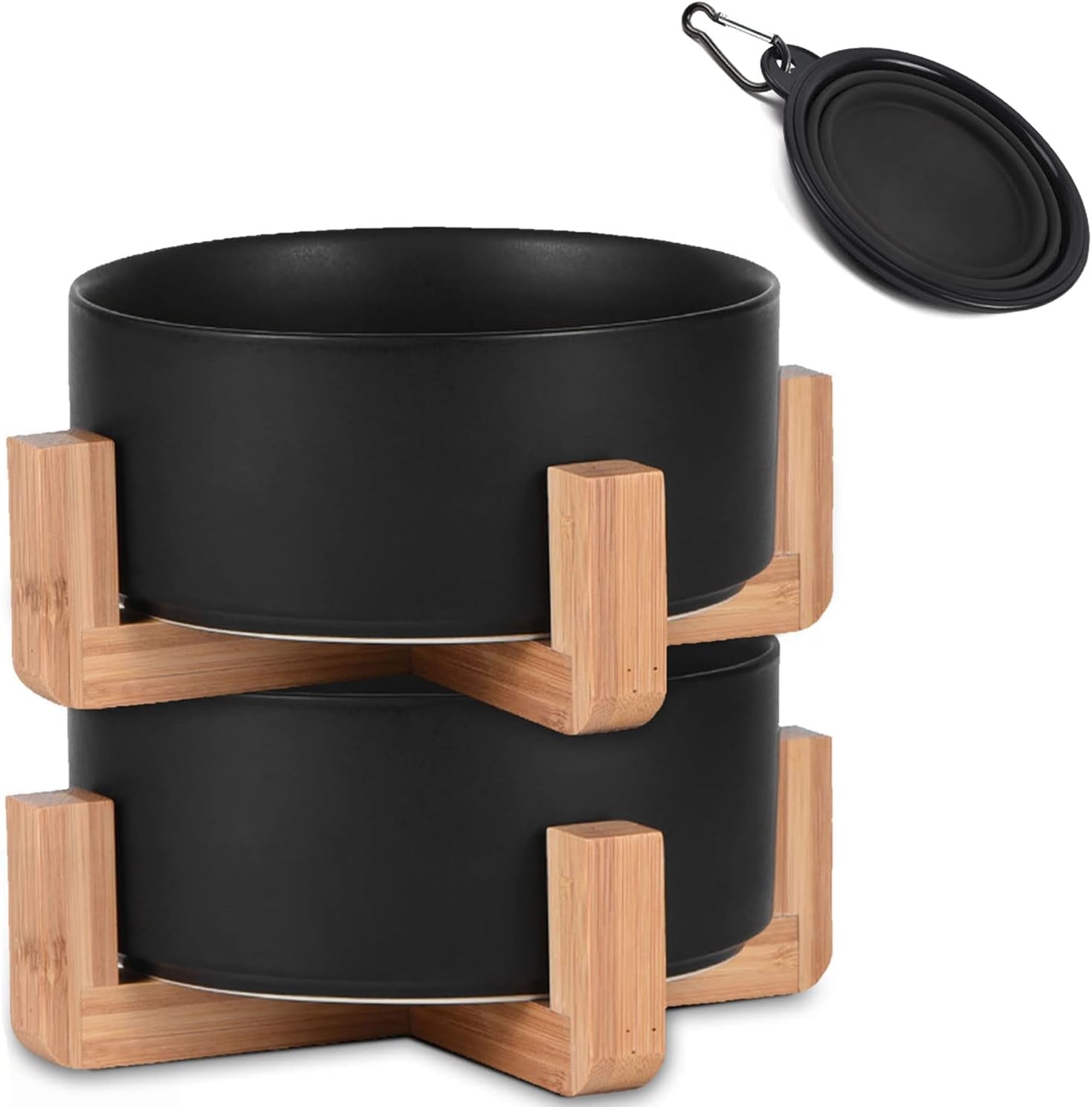 Ceramic Dog Bowl Set & Stand, Medium, Anti-Slip - Black