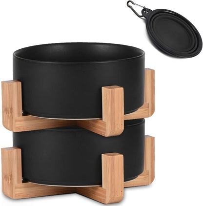 Ceramic Dog Bowl Set & Stand, Medium, Anti-Slip - Black