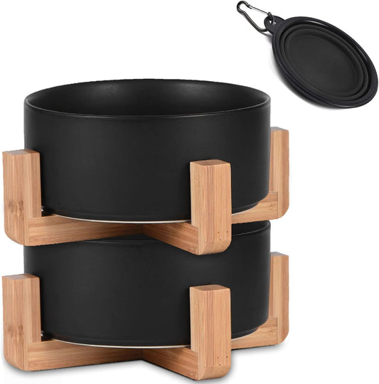 Ceramic Dog Bowl Set & Stand, Medium, Anti-Slip - Black
