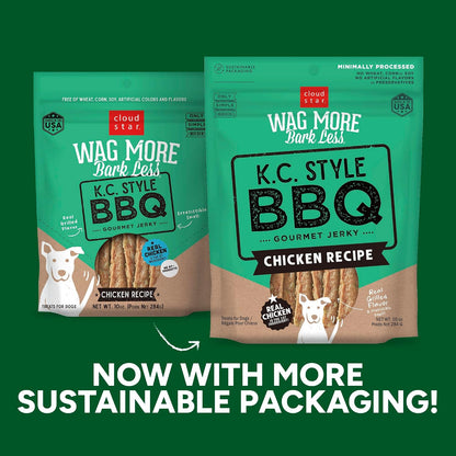 Wag More Bark Less Dog Treats Jerky KC BBQ Chicken 10 Oz | Meaty Jerky, Kansas City Style BBQ Scent, Grilled Chicken Color, Made with Real Ingredients, Gourmet Small Batch