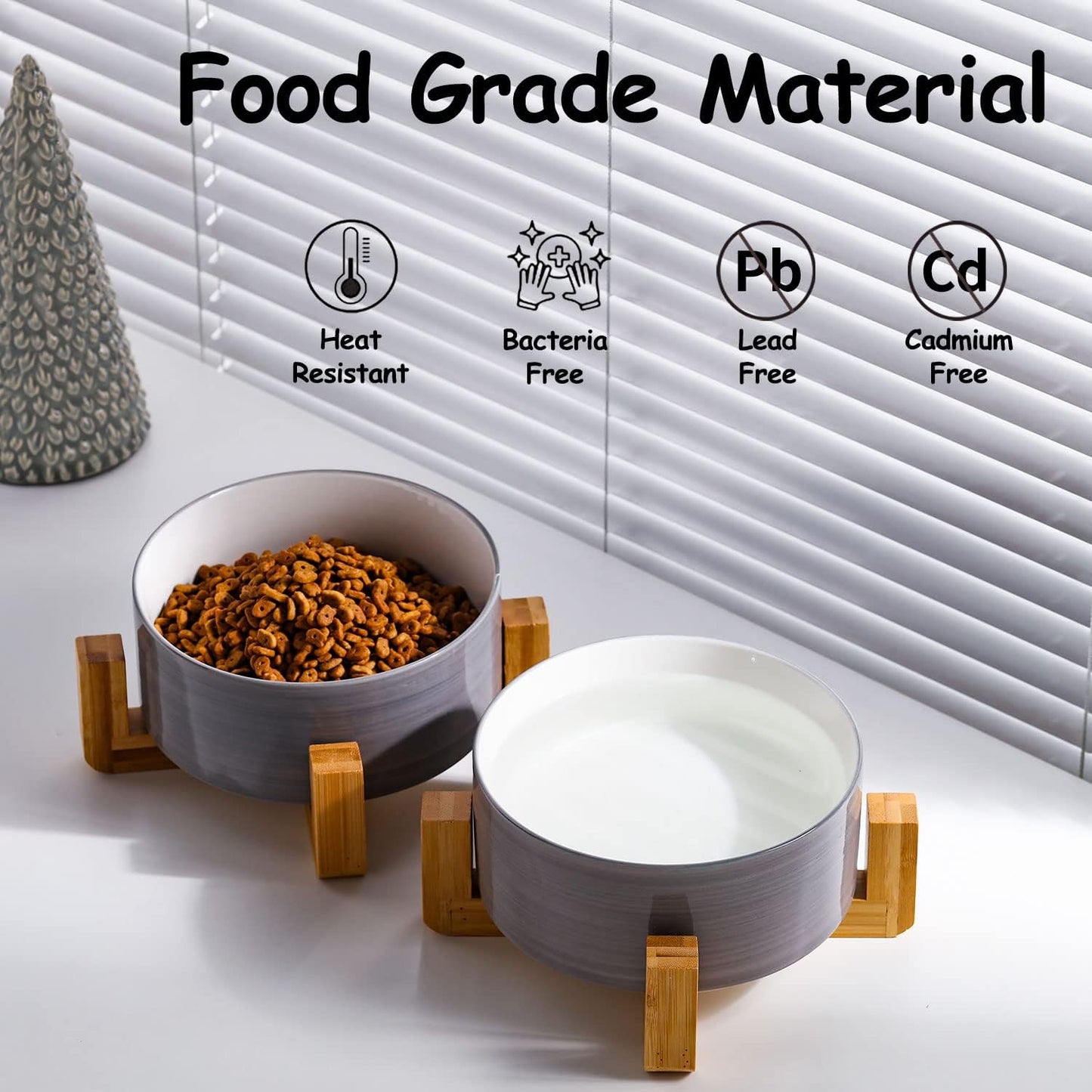 Ceramic Dog Bowl Set & Stand, Medium, Anti-Slip - Concrete and White