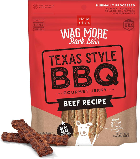 Wag More Bark Less Dog Treats, Jerky, Texas BBQ Beef, 10 Oz | Meaty Jerky, for All Life Stages, No Wheat, Corn or Soy, No Artificial Flavors or Preservatives, Baked in the USA