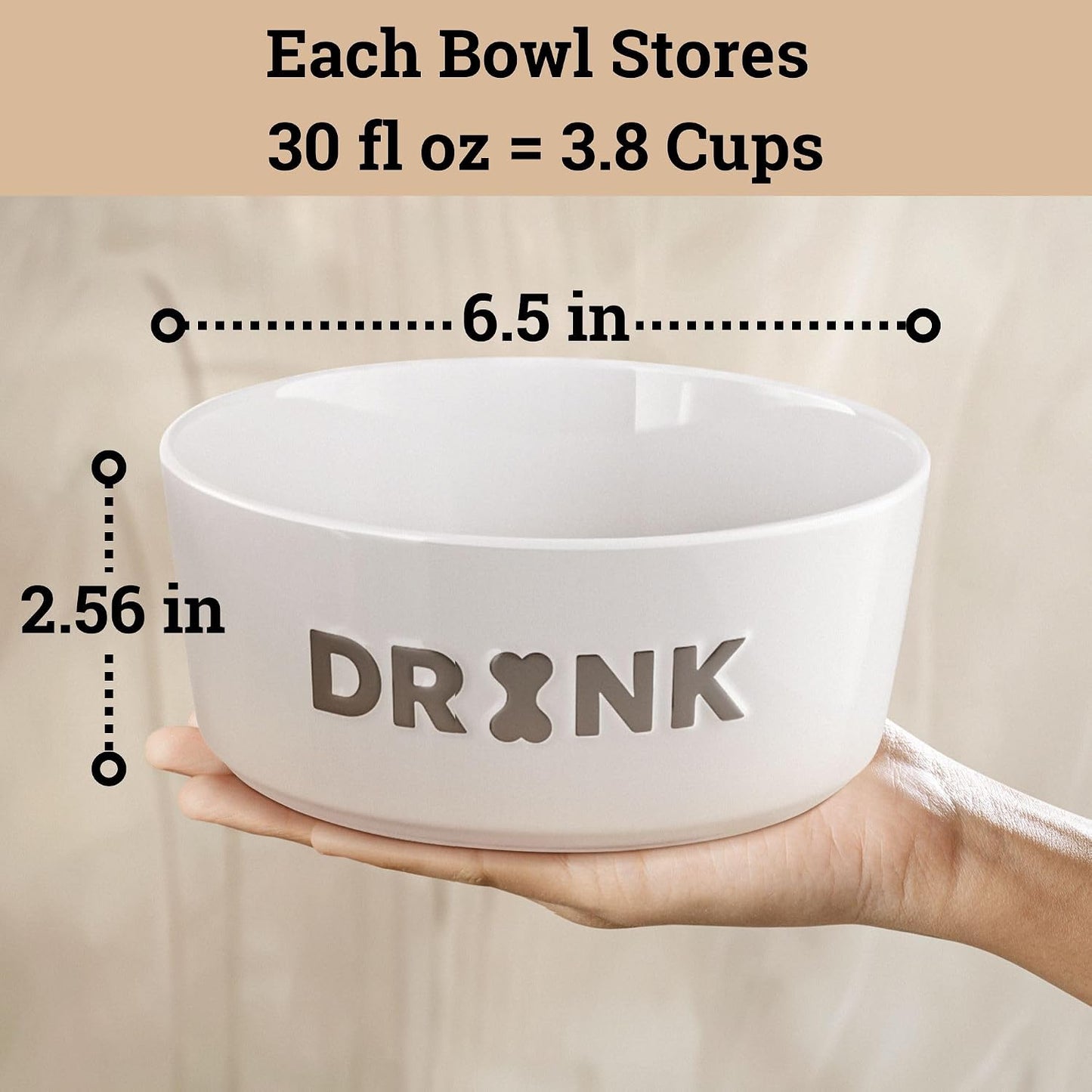 Ceramic Dog Bowl Set of 2 W/ Anti-Skid Base 6.5"W X 2.5"H, 3.8 Cup Capacity | Thick Ceramic, Dishwasher Safe, Anti-Skid Rubber Base, 3.8 Cups per Bowl, Ceramic Food & Water Bowls Set of 2 for Medium Dogs