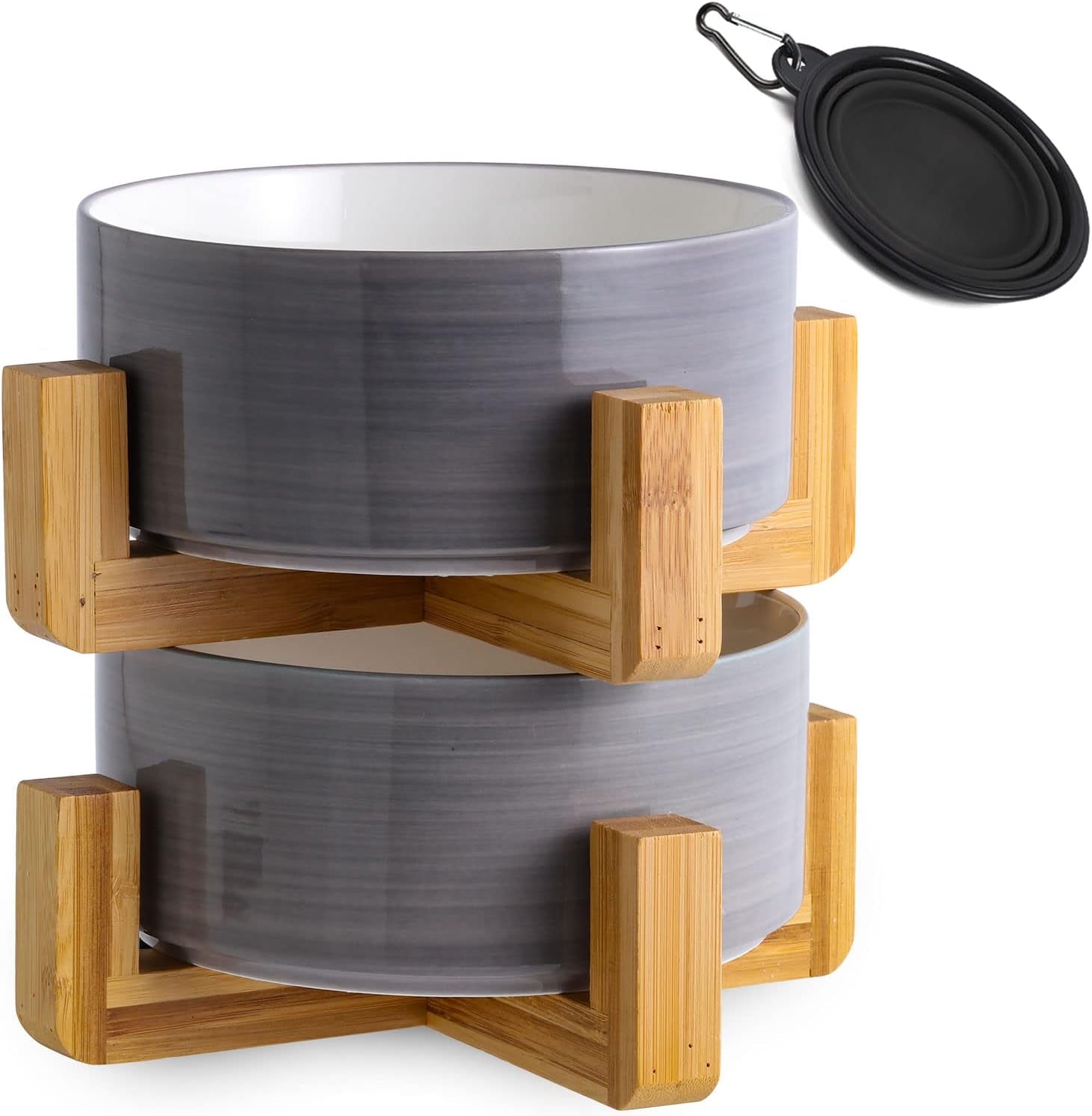 Ceramic Dog Bowl Set & Stand, Medium, Anti-Slip - Concrete and White