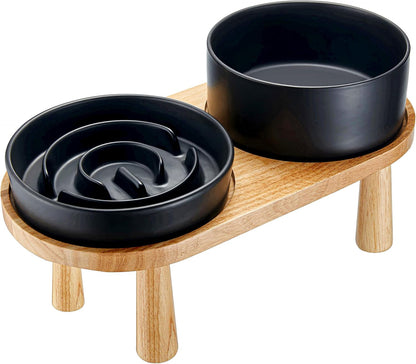 Ceramic Slow Feeder Dog Bowl and Water Bowl Set, Elevated with Wooden Stand - Black