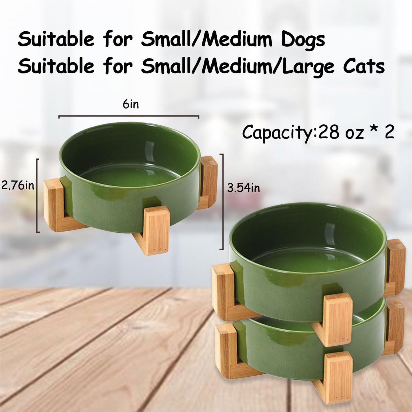 Ceramic Dog Bowl Set & Stand, Medium, Anti-Slip - Rust Green