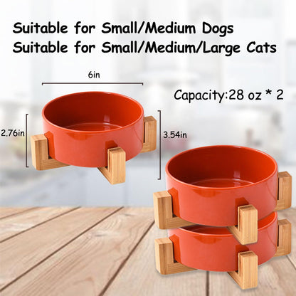 Ceramic Dog Bowl Set & Stand, Medium, Anti-Slip - Rust Red