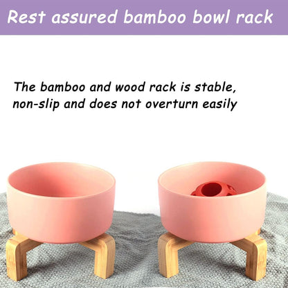 Ceramic Dog Bowl Set & Stand, Medium, Anti-Slip - Pink