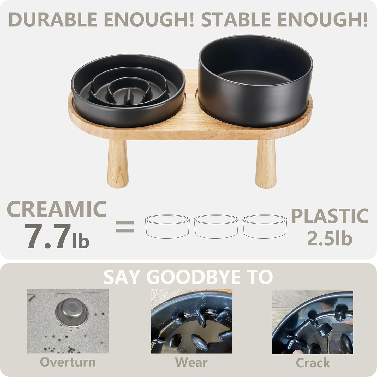 Ceramic Slow Feeder Dog Bowl and Water Bowl Set, Elevated with Wooden Stand - Black