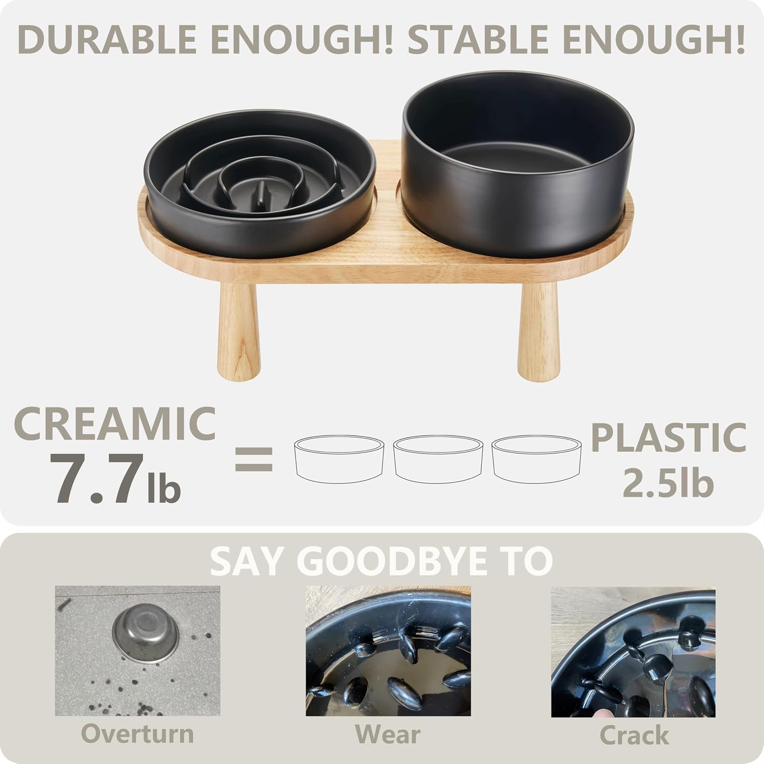 Ceramic Slow Feeder Dog Bowl and Water Bowl Set, Elevated with Wooden Stand - Black