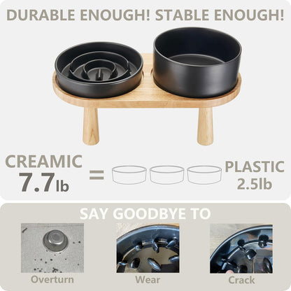 Ceramic Slow Feeder Dog Bowl and Water Bowl Set, Elevated with Wooden Stand - Black