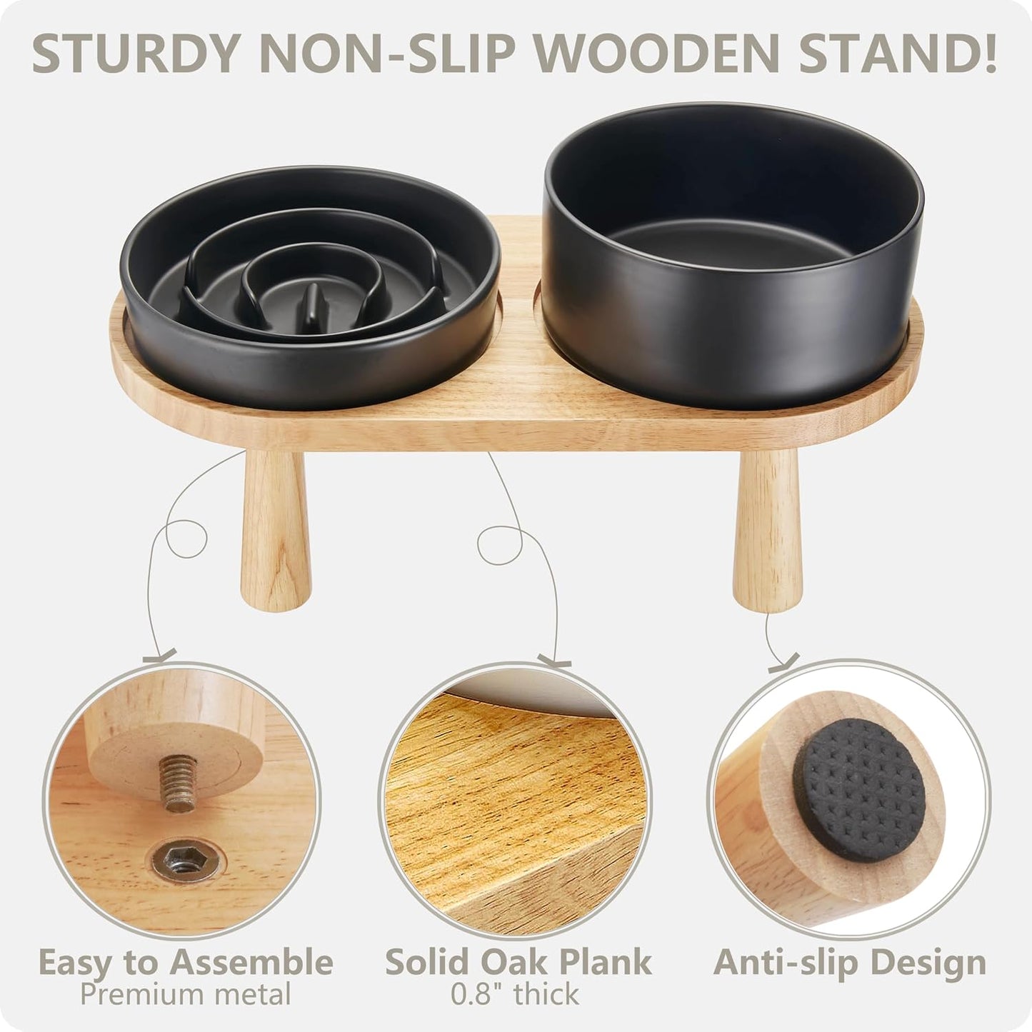 Ceramic Slow Feeder Dog Bowl and Water Bowl Set, Elevated with Wooden Stand - Black