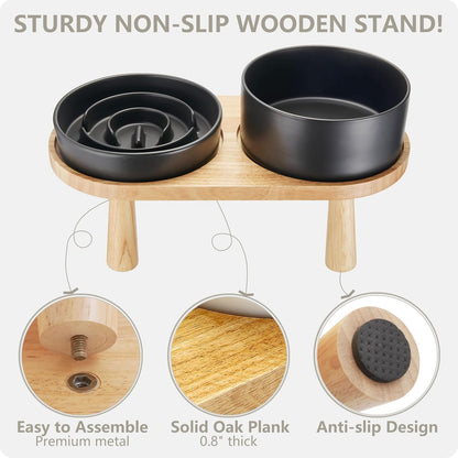 Ceramic Slow Feeder Dog Bowl and Water Bowl Set, Elevated with Wooden Stand - Black