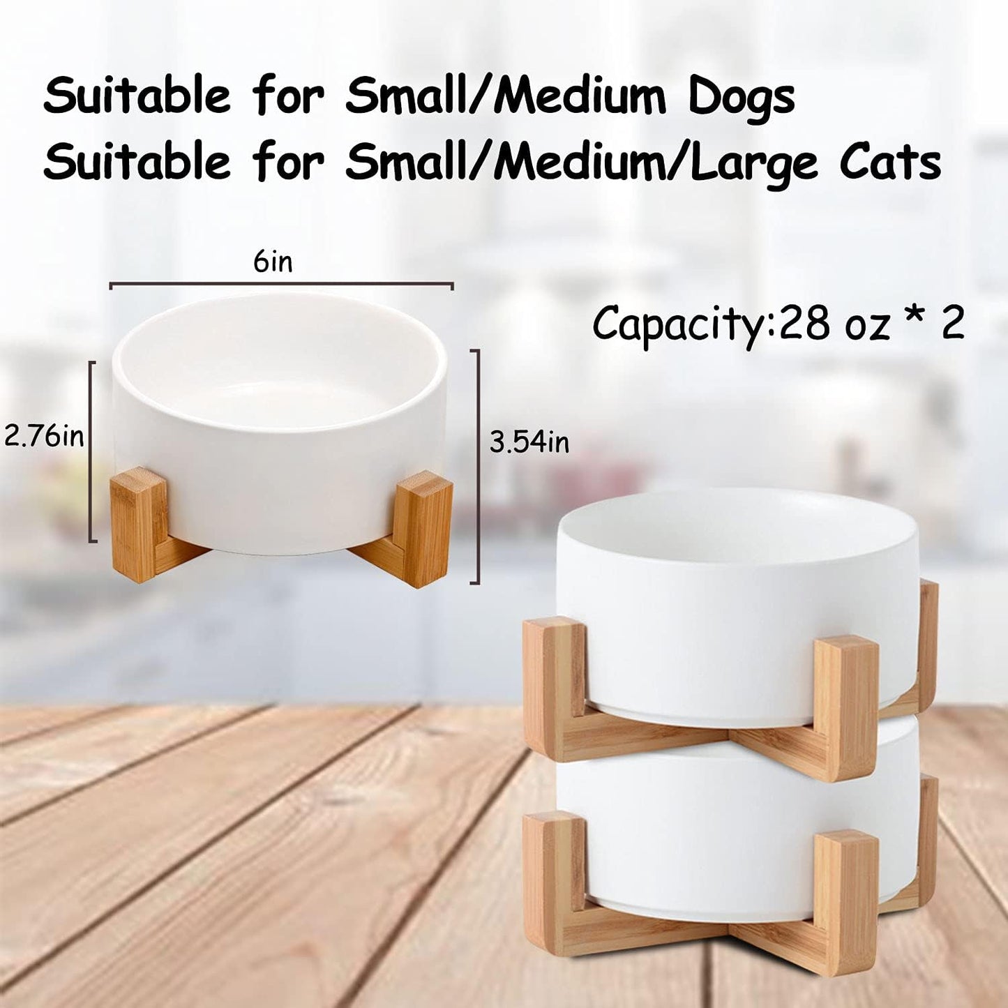 Ceramic Dog Bowl Set & Stand, Medium, Anti Slip Set of 2 - White