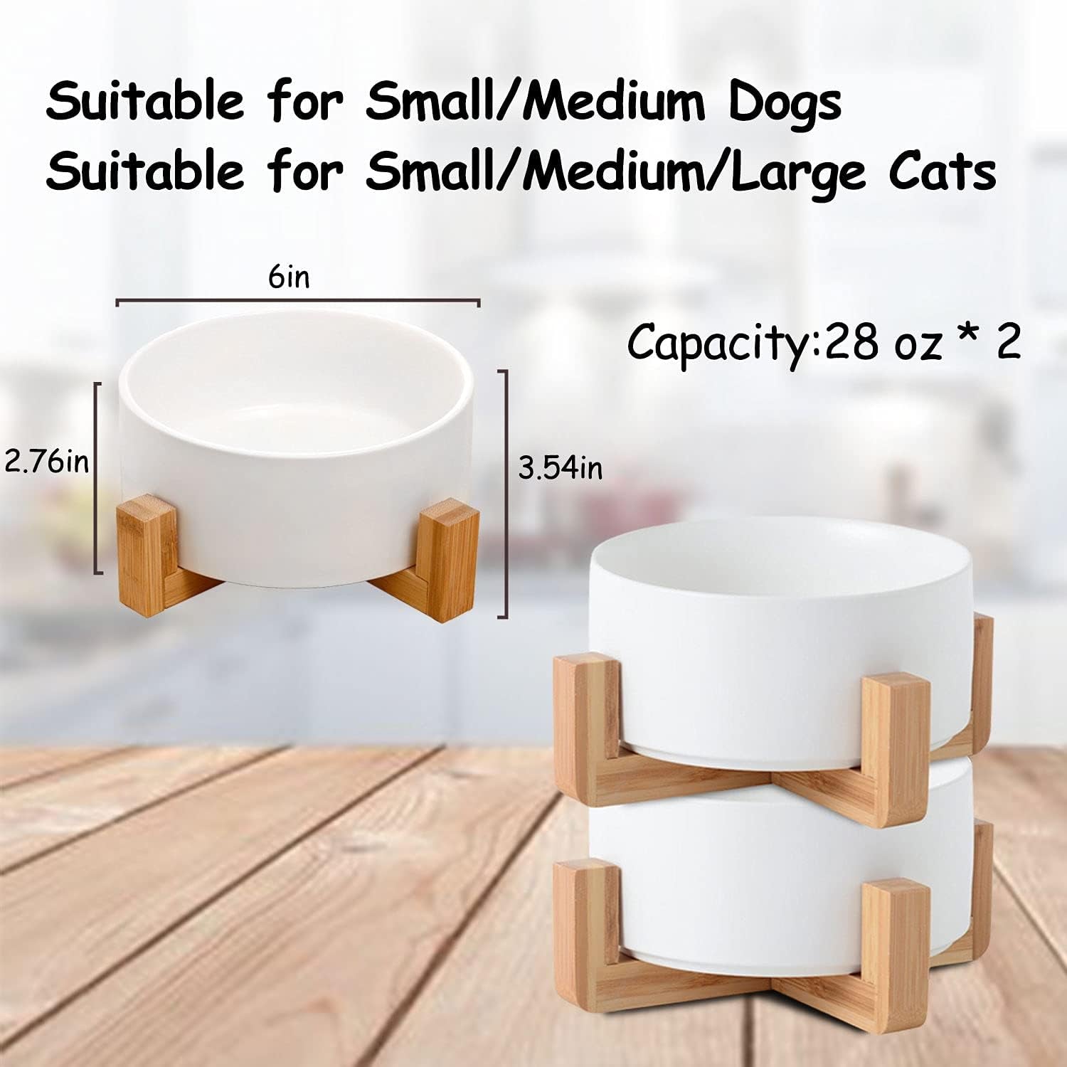 Ceramic Dog Bowl Set & Stand, Medium, Anti Slip Set of 2 - White