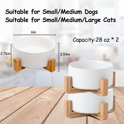 Ceramic Dog Bowl Set & Stand, Medium, Anti Slip Set of 2 - White
