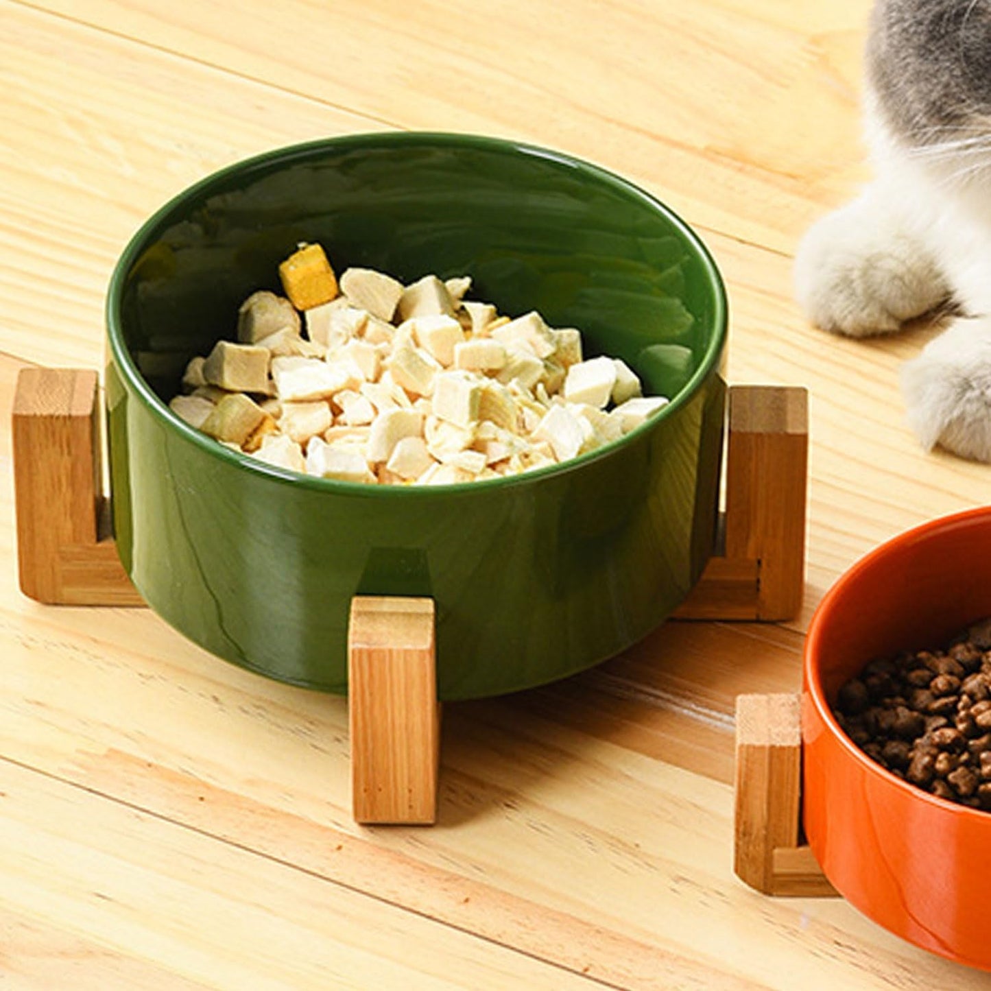 Ceramic Dog Bowl Set & Stand, Medium, Anti-Slip - Rust Green
