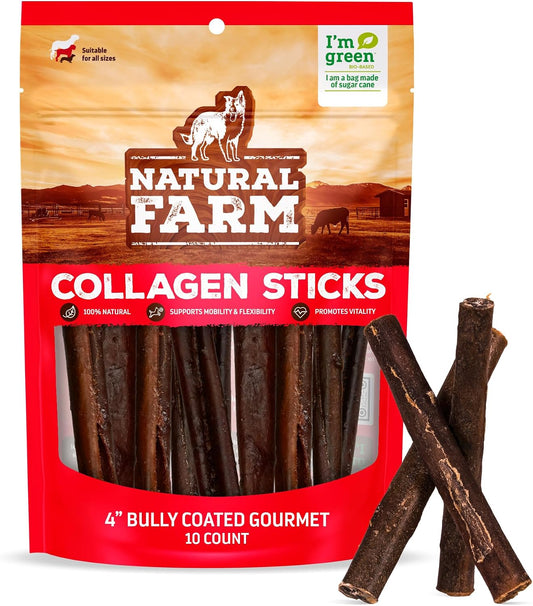 Bully Coated Gourmet Collagen Sticks (4 Inch, 10 Pack), Real Bully Beef Coated, 95% Natural Collagen Dog Chews, Supports Healthy Joints, Skin & Coat - Best for Small & Medium Dogs