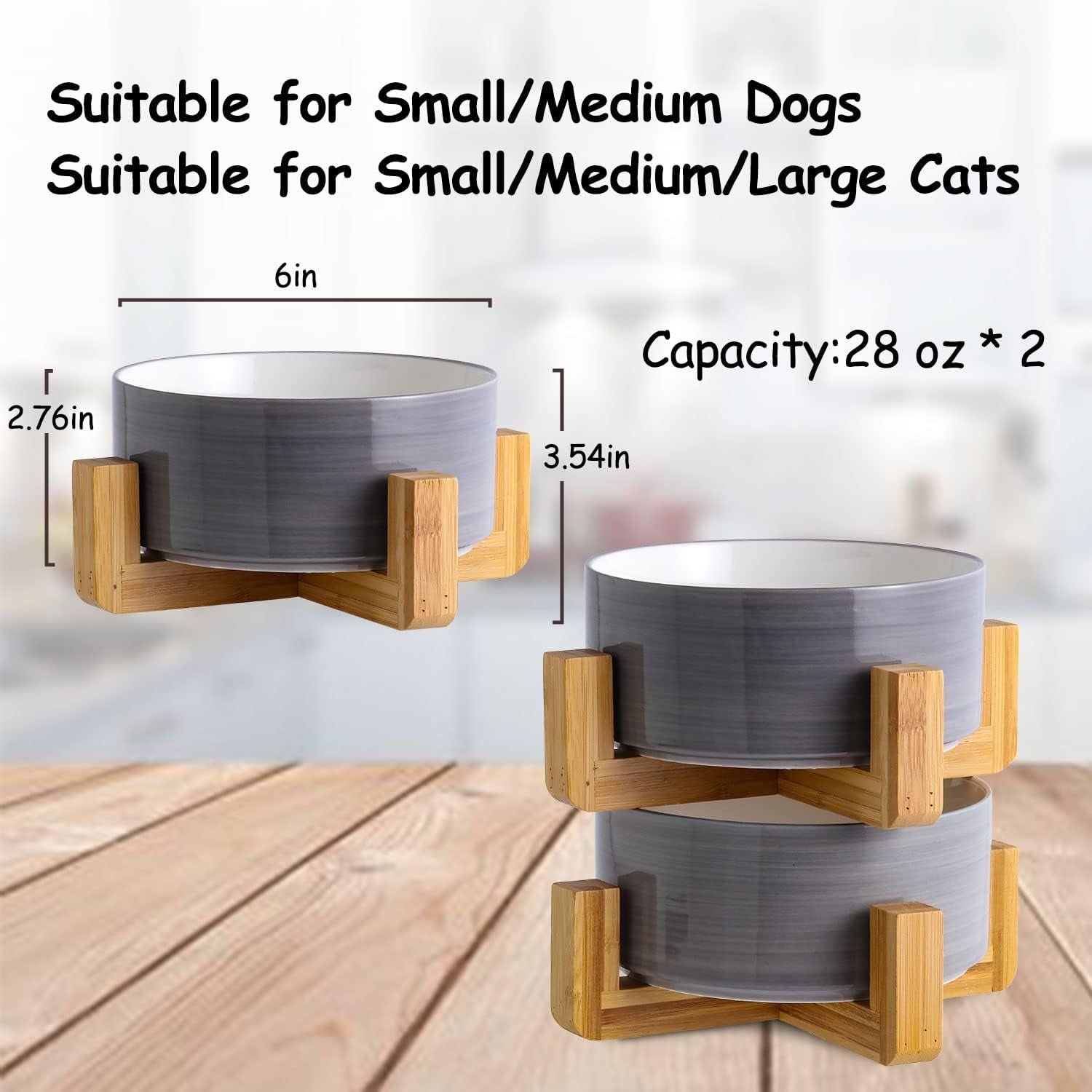 Ceramic Dog Bowl Set & Stand, Medium, Anti-Slip - Concrete and White