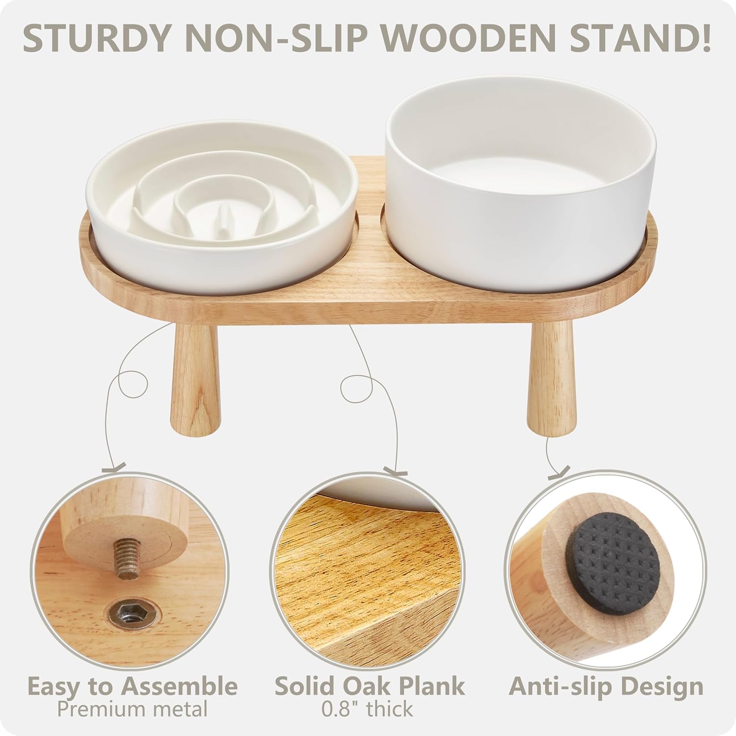 Ceramic Slow Feeder Dog Bowl and Water Bowl Set, Elevated with Wooden Stand - White
