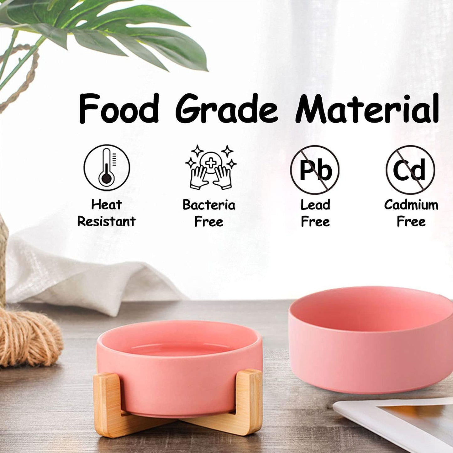 Ceramic Dog Bowl Set & Stand, Medium, Anti-Slip - Pink